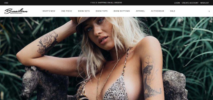 This screenshot of the home page for Brazilian Bikini Swimsuits has a black header, a white navigation bar, and a large photo of a tattooed blonde woman in an animal print bikini.