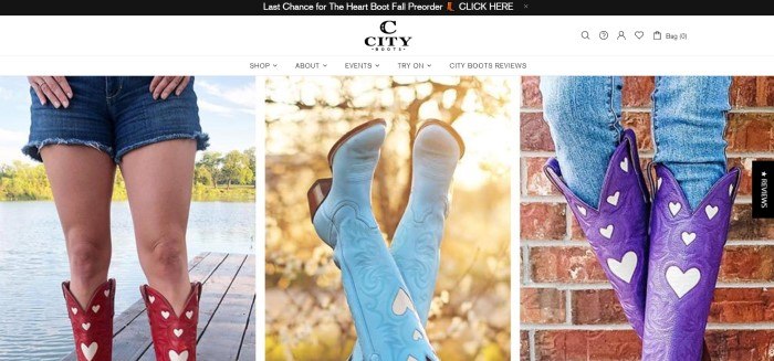 This screenshot of the home page for City Boots has a black header, a white navigation bar and a row of three photos of women's cowboy boots in red, baby blue, and purple, all with white heart designs on them.