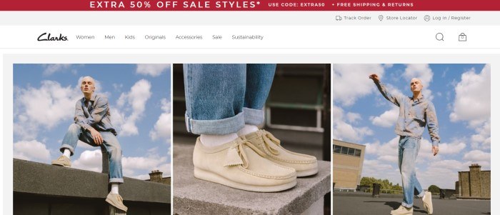 This screenshot of the home page for Clarks has a red sales bar, a white navigation bar, and a row of three photos of a young blonde man in a blue and gray shirt, jeans, white socks, and beige shoes, with a closeup of the shoes as the center photo.