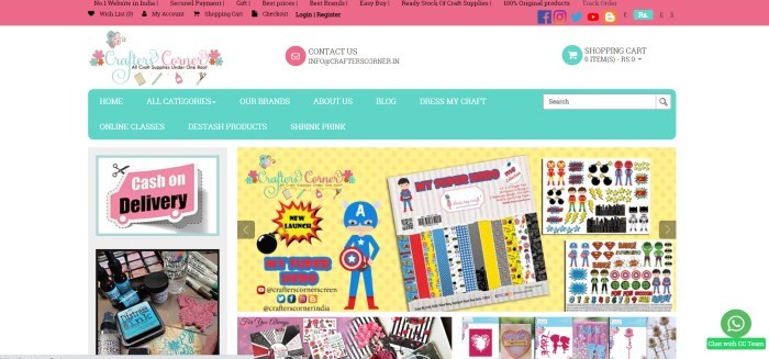 This screenshot of the home page for Crafters Corner has a pink header and primary navigation bar with black text, a white main section with an aqua and pink logo, an aqua secondary navigation bar with white text, and several multicolored photos showing crafting stickers, stamping pads with ink, and paper crafting supplies.