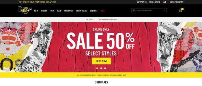 This screenshot of the home page for Doc Martens has a black header and navigation bar above a large graphic sales announcement in white, red, yellow, and black, with white text and a yellow call to action button.