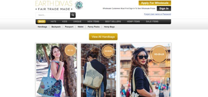 This screenshot of the home page for Earth Divas has a white background and search bar, a gray and charcoal-colored navigation bar, three gold-colored call to action buttons near the top of the page, and a row of three photos of smiling women carrying handmade bags crafted and sold through Earth Divas.