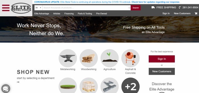 This screenshot of the home page for Elite Metal Tools has a gray navigation bar and search bar with a lighter gray, red, and black logo, above a dark-filtered photo of sparks flying across metal behind white wording and a white main section below it with two rows of circular photos of items like anvils representing a variety of tool categories this store stocks.