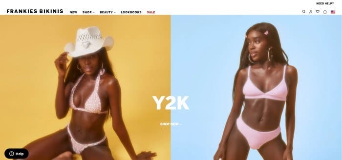 This screenshot of the home page for Frankies Bikinis has a white navigation bar above two side-by-side photos of a dark-skinned model, with the left side photo having a yellow background and the model wearing a white cowboy hat and white butterfly print bikini, and the right side photo having a blue background and the model wearing a pink bikini.