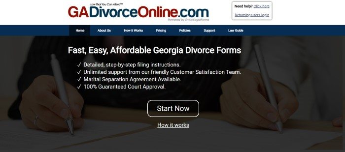 This screenshot of the home page for GA Divorce Online has a white header, a dark blue navigation bar, and a dark filtered photo of the hands of a man and a woman, each holding a pen and signing separate papers, behind white text and a black and white call to action button.