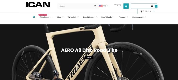 This screenshot of the home page for ICAN Cycling has a white header and navigation bar with black text above a photo of a gold and black bike behind white text.