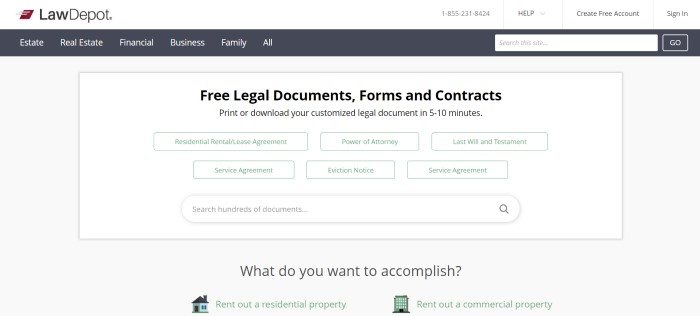 This screenshot of the home page for Law Depot has a white header, a black navigation bar with white text, and a white main section with black text and several white category buttons with green text.