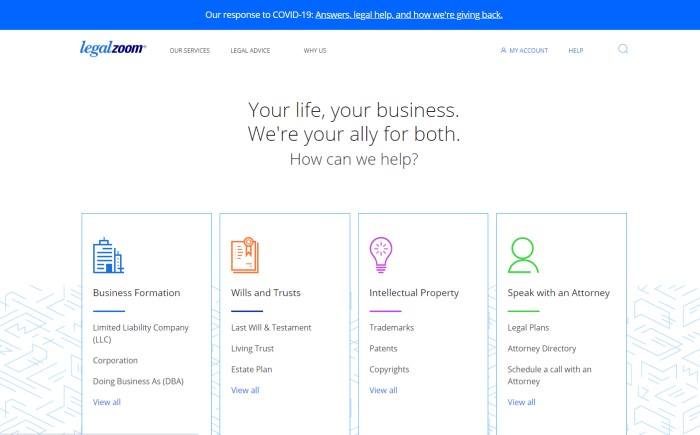 This screenshot of the home page for Legal Zoom has a blue header, a white navigation bar and background, black text in the upper center, and a row of category boxes with icons in blue, orange, purple, and green with lists of sample documents in each one in black text.