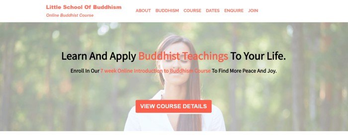 This screenshot of the home page for Little School of Buddhism has a white navigation bar with orange text above a light filtered photo of a woman meditating, behind black and orange text and an orange call to action button.