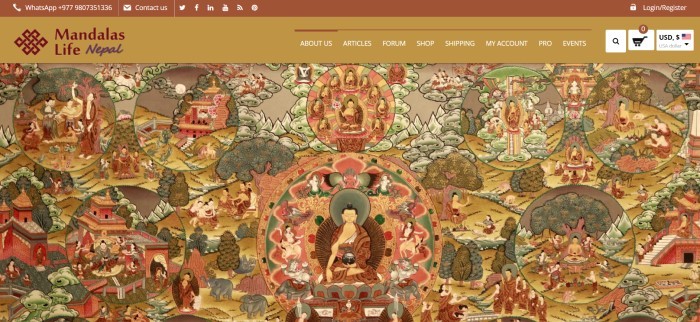 This screenshot of the home page for Mandalas Life has a gold and brown navigation bar above a tapestry section showing several scenes of Buddha in brown, green, gold, and red.