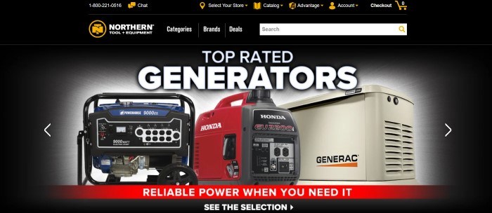 This screenshot of the home page for Northern Tool has a black background with white text, orange icons, and a photo of three top-rated generators in blue, red, and beige, along with a red announcement bar at the bottom of the page.