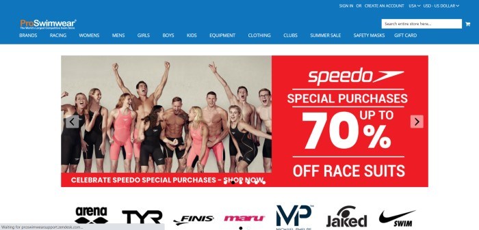 This screenshot of the home page for Pro Swimwear has a blue header and navigation bar above a white main section that includes a photo on the left side of the page showing several men and women in black or pink team-looking swimwear, along with a red announcement section with white text on the right side of the page.