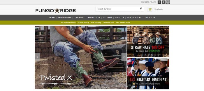 This screenshot of the home page for Pungo Ridge has a gray header, a dark gray and olive green set of navigation bars, and a white main section with a photo on the left side of the page of a man in jeans putting on green and red cowboy boots, with two smaller photos stacked on top of each other on the right side of the page showing four men in straw hats outside a horse corral and a row of people in military uniforms.