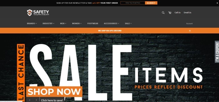 This screenshot of the home page for Safety Workwear has a black header and navigation bar, an orange announcement bar, and a photo of a black brick wall behind orange and white text announcing a sale, along with an orange call to action button.