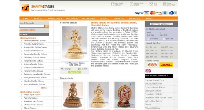 This screenshot of the home page for Shakya Statues has a white header, an orange navigation bar, a category list on the left side of the page, a central text section with a gold statue photo above a row of three other statues, and a currency section on the right side of the page.