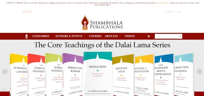 This screenshot of the home page for Shambhala Publications has a white header, a red navigation bar, and a row of books with white backgrounds and different colored tops.