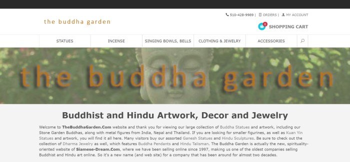 This screenshot of the home page of the Buddha Garden has a black bar, a white header and navigation bar, a light filtered photo of a Buddha statue behind orange text, and a black text section near the bottom of the page.