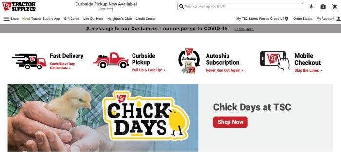 This screenshot of the home page for Tractor Supply has a white search bar and navigation bar, a gray announcement bar, and a white main section with black and red icons depicting company features above a photo on the left side of the page of a man holding a yellow chick and a gray text section on the right side of the page with a red call to action button.