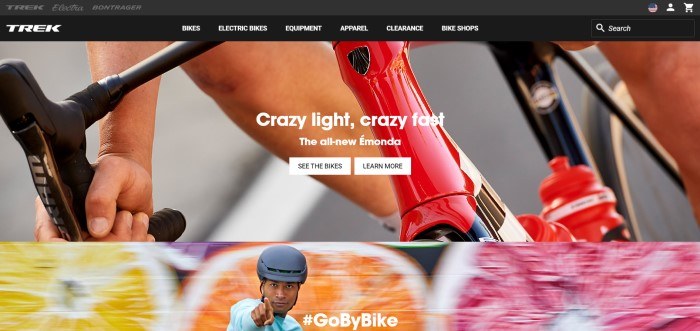 This screenshot of the home page for Trek has a black header and navigation bar with white text above a photo showing a closeup of the hands and knee of someone riding a red and black bike behind white text and two white call to action buttons, above a photo of a multicolored-background behind a smiling young cyclist in a blue shirt and black bike helmet.