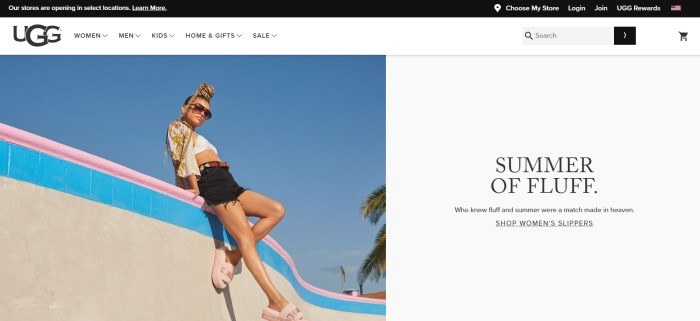 This screenshot of the home page for Ugg has a black header, a white navigation bar, a photo on the left side of the page of a young woman in sunglasses, black shorts, a white and yellow shirt, and pink Ugg sandals sitting on a concrete wall, along with a white text section with black text on the right side of the page.