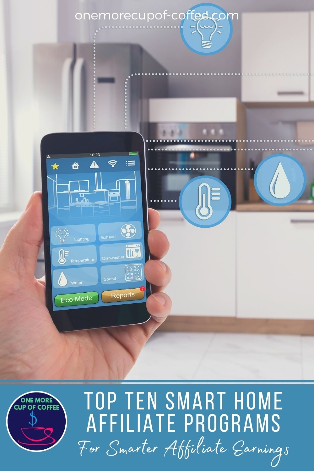 smartphone controlling home temperature, lighting, water, and others; with text overlay at the bottom in blue banner "Top Ten Smart Home Affiliate Programs For Smarter Affiliate Earnings"