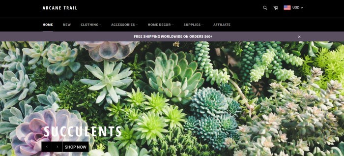 This screenshot of the home page for Arcane Trail has a black header and navigation bar above a large photo showing a wide variety of succulent plants.