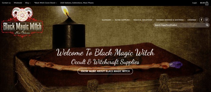 This screenshot for the home page of Black Magic Witch has a large photo of a dimly lit room with a book, a wand, and a lit black candle on a table behind white lettering.