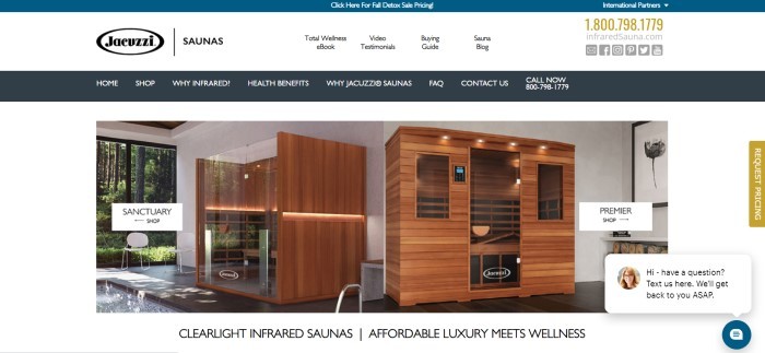 This screenshot of the home page for Clearlight Infrared has a dark blue header, a white navigation bar, and a black navigation bar with white text above a photo showing two cabinet-style saunas in a room with an indoor swimming pool, above a white section with black text.