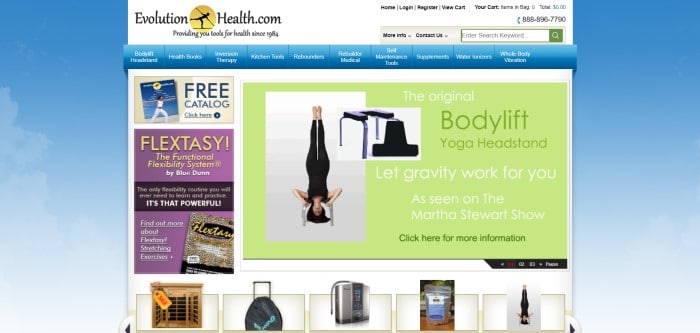 This screenshot of the home page for Evolution Health has a white header, a blue and white sky background, a blue navigation bar with white text in the main section, a product section on the left side with tan and purple sections, a large green section on the right side of the page with a photo of a woman in black clothing using a yoga headstand set, and a product row along the bottom of the page showing a cabinet style sauna as well as other products.