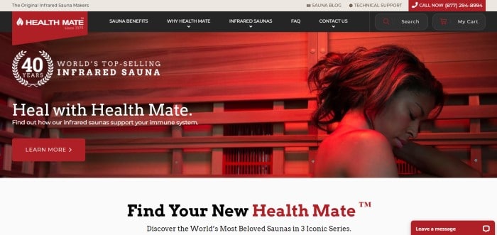 This screenshot of the home page for Health Mate Sauna has a tan header, a black navigation bar with white text, and a red filtered photo of a woman in a sauna, along with white text and a red call to action button.