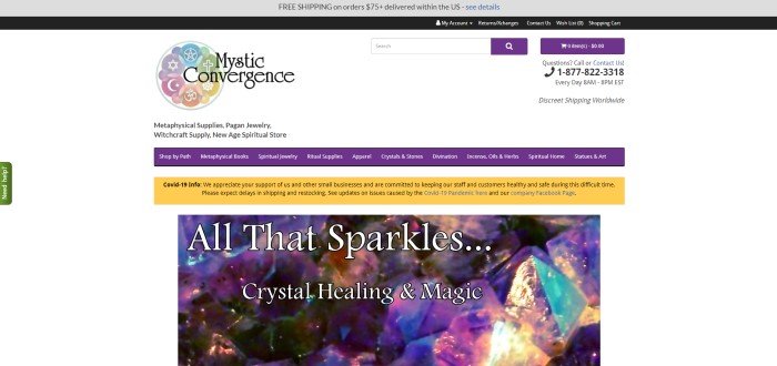 This screenshot of the home page for Mystic Convergence has a white background, purple navigation bar, yellow announcement bar, and a large photo of sparkling crystals behind white text.