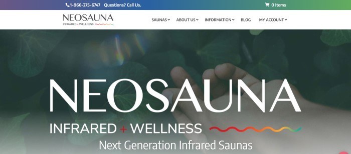 This screenshot of the home page for Neosauna has a blue header, a white navigation bar, and a large dark filtered photo of a hand holding a leaf, behind white text and a multicolored wavy line.