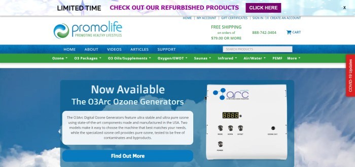 This screenshot of the home page for Promolife has a blue and white header with a purple call to action button above a series of white, blue, and green navigation bars with white and blue text, and a large photo of a blue sky with white clouds in the background behind white text and a white text section with black text and a blue call to action button, next to a photo of a white ozone generator.