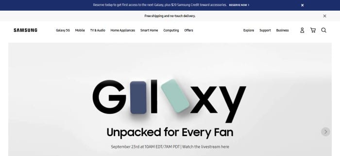 This screenshot of the home page for Samsung has a blue header, a white navigation bar with black text, and a light gray main section with black lettering and blue and aqua phone cases spelling out the word 'galaxy.'