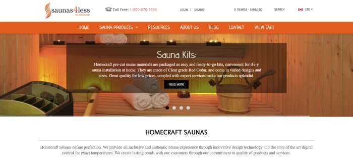 This screenshot of the home page for Saunas4Less has a white header and an orange navigation bar with white text, above a large photo of a sauna, with a dark filtered text section with white text, above a white section with black text.