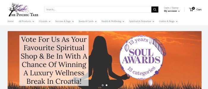 This screenshot of the home page for The Psychic Tree has a white background and navigation bar above a graphics section depicting an orange sunset and the silhouette of a woman doing yoga, along with a pale orange text section with black lettering and a white circle with purple lettering.