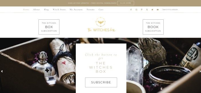 This screenshot of the home page for The Witches Box has a tan header, a white navigation bar, a dark photo showing various witchcraft items in a box, and a white subscription invitation with black and gold text.