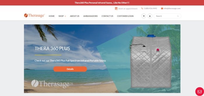 This screenshot of the home page of Therasage has a red header above a white navigation bar with black text, above a large photo of a beach that includes an insert of a portable sauna, with white text and an orange call to action button