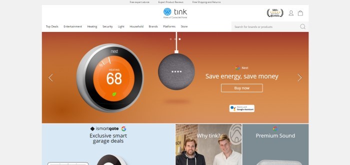 This screenshot of the home page for Tink has a gray background, a white navigation bar, and an orange main section with a photo of a Nest smart thermostat, along with white text and a white outlined call to action button, above a row of products including garage deals on a blue background, a 'why Tink' section with a photo of two smiling men standing in front of a brick wall, and a teal section with sound equipment.