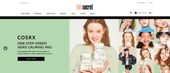 This screenshot of the home page for TofuSecret has a white header and navigation bar above a split main section with a green text box, black text, and a black call to action button on the left side of the page, as well as a photo of a smiling woman holding jars of skncare products in the middle of the page, and several small photos of smiling people using skincare products on the right side of the page.