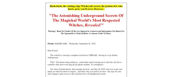 This screenshot of the home page for Uderground Witchcraft Secrets has a white background with a white text section containing black and red text, some of which is highlighted in yellow.