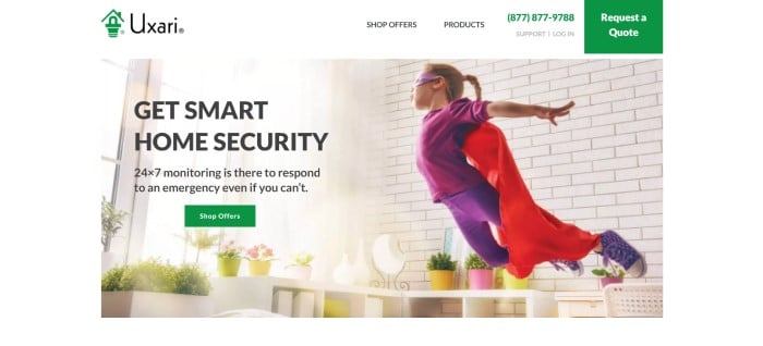 This screenshot of the home page for Uxari has a white header and navigation bar with a green logo and call to action button above a photo of a very young girl in purple clothing, a purple mask, and a red cape as she jumps from furniture in a bright living room with plants and white furniture, along with black text and a green call to action button.