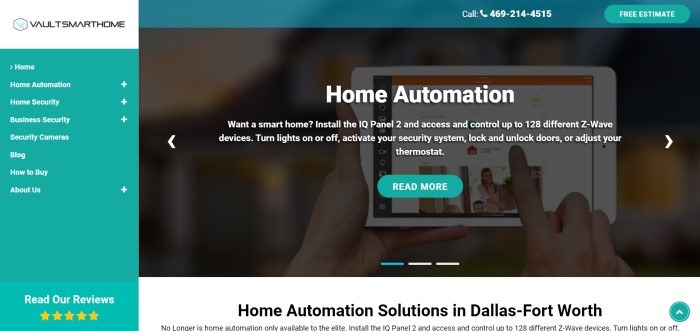 This screenshot of the home page for Vault Smart Home has a teal header, an aqua side column on the left side of the page with white text for navigation categories, and a dark filtered main section on the right side of the page with white text and an aqua call to action button.