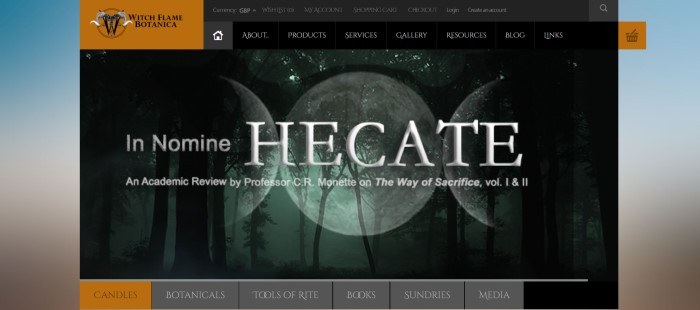 This screenshot of the home page for Witch Flame Botanica has a blue and tan background behind a black main section with a background showing three phases of the moon, behind white text and above a gray and orange navigation bar.