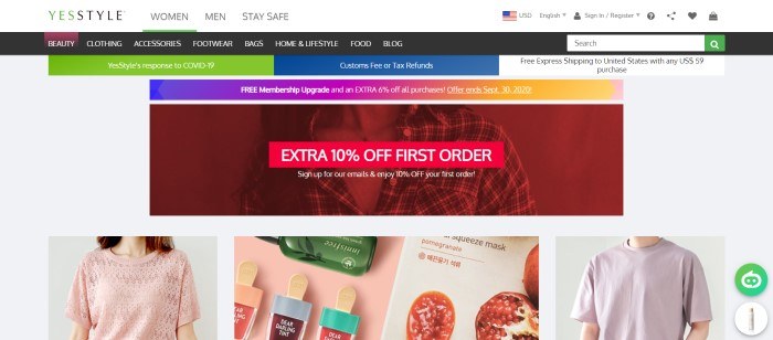 This screenshot of the home page for YesStyle has a black header, an announcement bar with green, blue, and white sections, a graded purple-to-orange announcement bar, a red sales announcement with white text and a lighter red call to action button, and a row of featured products, including fashion shirts for men and women as well as Korean face masks.