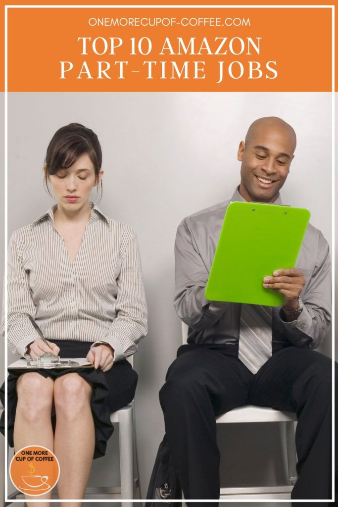 male and female applicant filling up forms while sitting, with text overlay at the top in orange banner "Top 10 Amazon Part-Time Jobs"