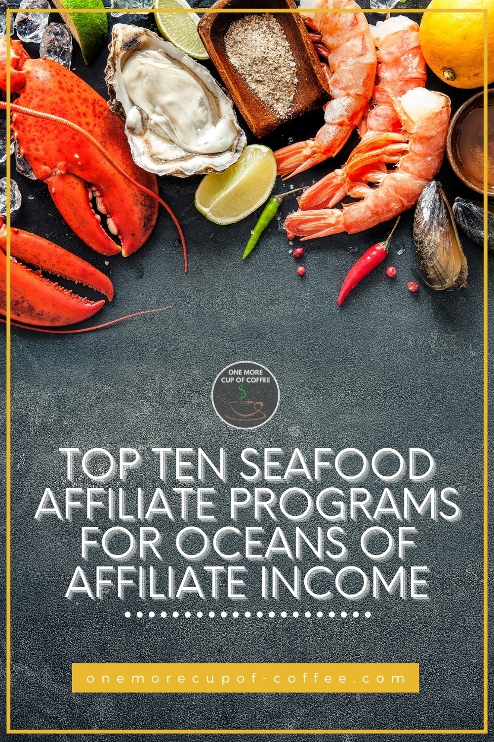 top view image of different kinds of seafood layout on a chalkboard, with ice cubes, lemons, and peppers; with text overlay "Top Ten Seafood Affiliate Programs For Oceans Of Affiliate Income"