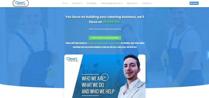 This screenshot of the home page for clean Fortune has a white navigation bar with white and blue text above a main section with a blue background, white and green text, a green call to action button, and a blue and white ad section with white and blue graphics, blue and black text, and a photo of a smiling man in a business suit.