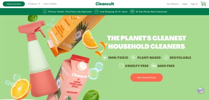 This screenshot of Cleancult has a white header with a dark green logo and button in the navigation bar, along with a dark green announcement bar above a large pale green section with a photo of a white and pink spray bottle, orange slices, orange and pink cartons of all-purpose cleaner, and white and green text with an orange call to action button.