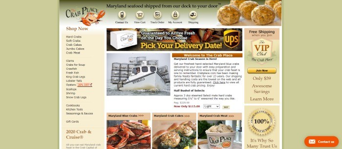 This screenshot of the home page of The Crab Place has a light green background and a main section with green and yellow highlights overlaying white sections, along with black text, a category list down the left side of the page, an announcement section on the right side of the page, and text with a photo of a fishing boat in the center of the page above a row of photos showing crabs, crab cakes, and a bowl of crab meat.